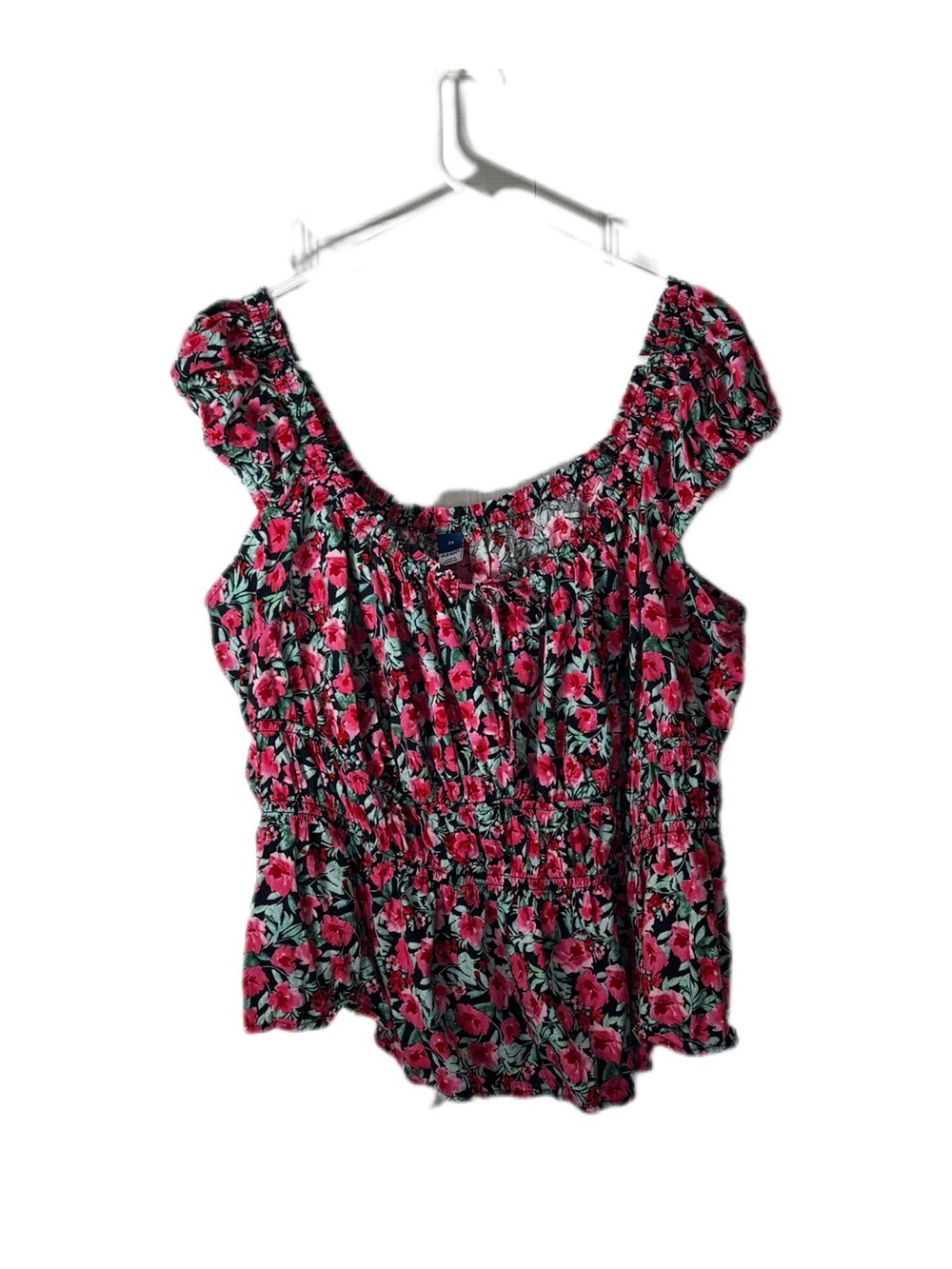 Old Navy Pink Floral Smocked Peplum Top - Black Base